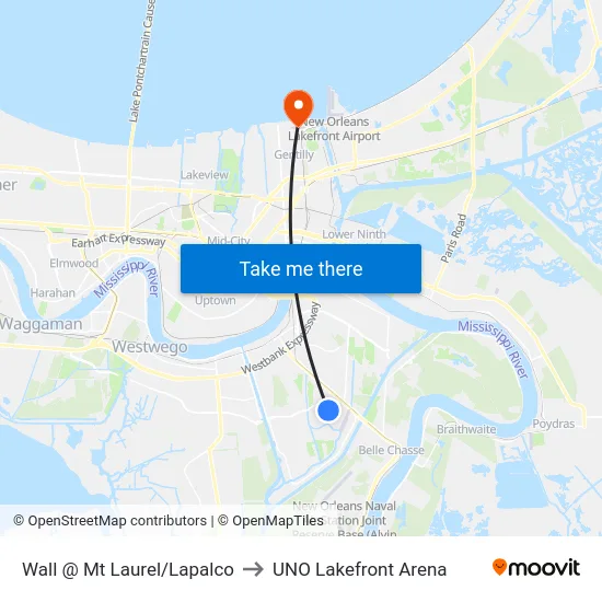 Wall @ Mt Laurel/Lapalco to UNO Lakefront Arena map