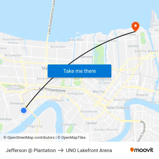 Jefferson @ Plantation to UNO Lakefront Arena map