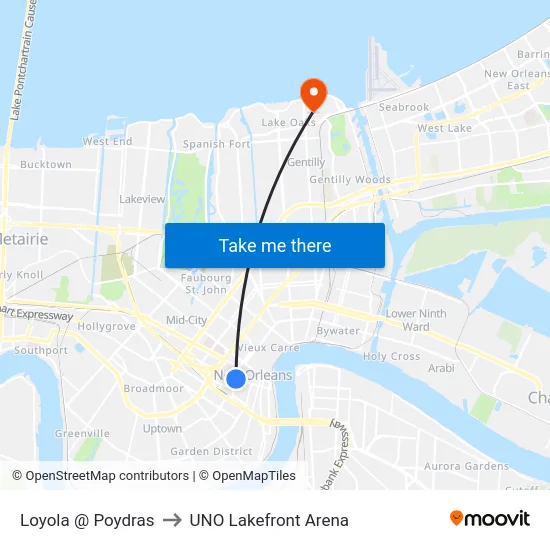 Loyola @ Poydras to UNO Lakefront Arena map
