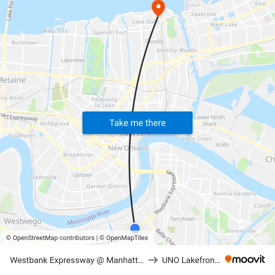Westbank Expressway @ Manhattan/Green Leaf to UNO Lakefront Arena map
