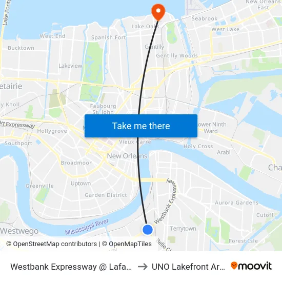 Westbank Expressway @ Lafayette to UNO Lakefront Arena map