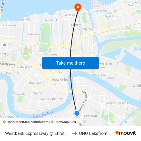 Westbank Expressway @ Ehret Crossing to UNO Lakefront Arena map