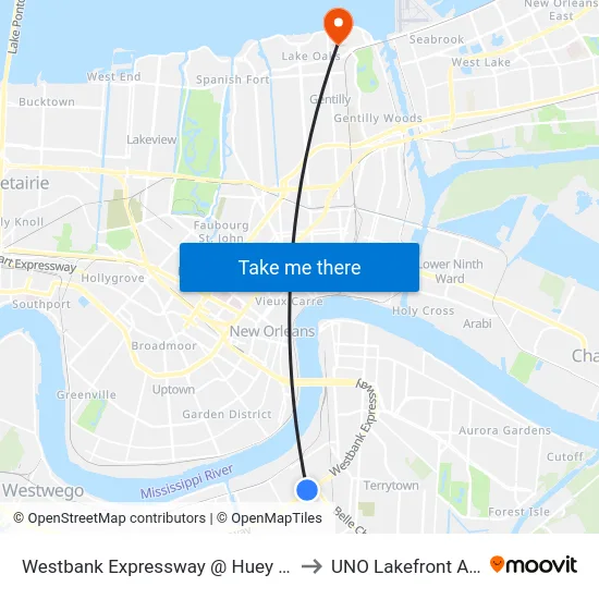 Westbank Expressway @ Huey P Long to UNO Lakefront Arena map