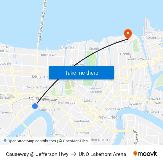 Causeway @ Jefferson Hwy to UNO Lakefront Arena map