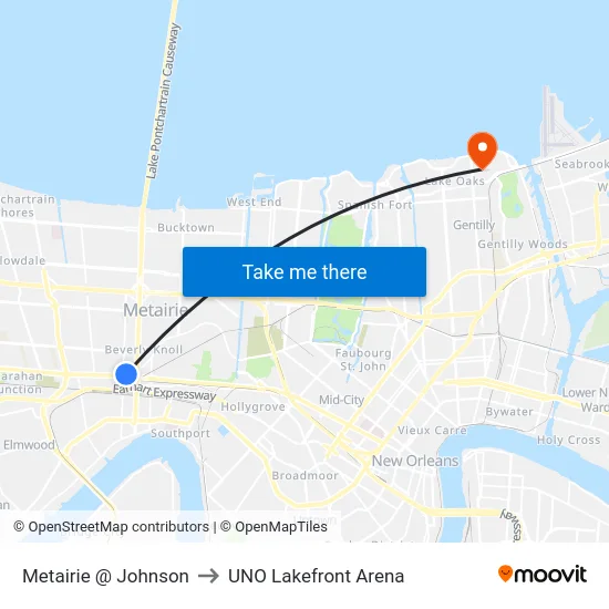 Metairie @ Johnson to UNO Lakefront Arena map