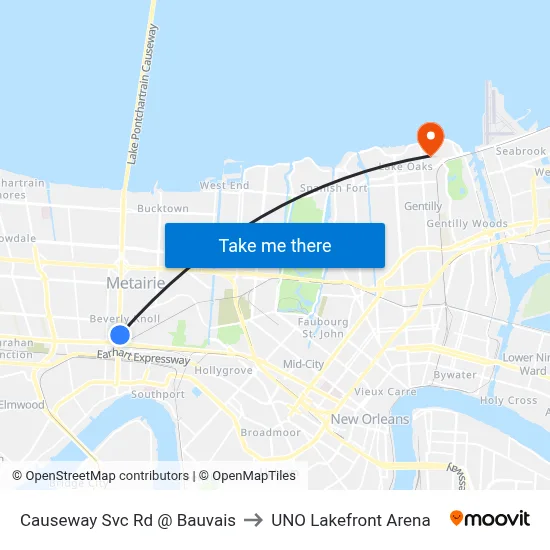 Causeway Svc Rd @ Bauvais to UNO Lakefront Arena map