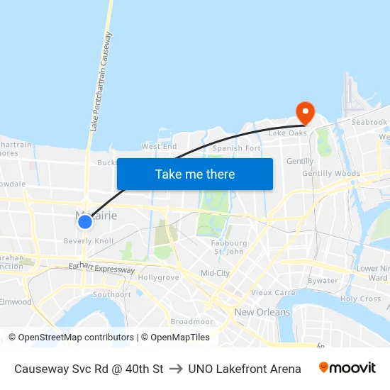 Causeway Svc Rd @ 40th St to UNO Lakefront Arena map