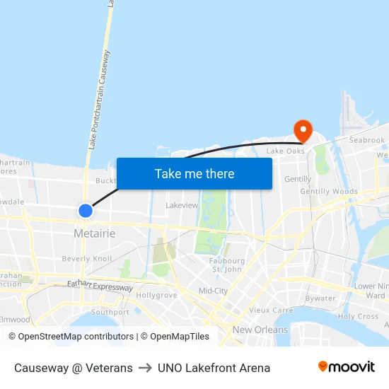 Causeway @ Veterans to UNO Lakefront Arena map