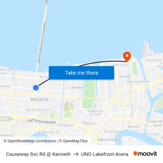 Causeway Svc Rd @ Kenneth to UNO Lakefront Arena map