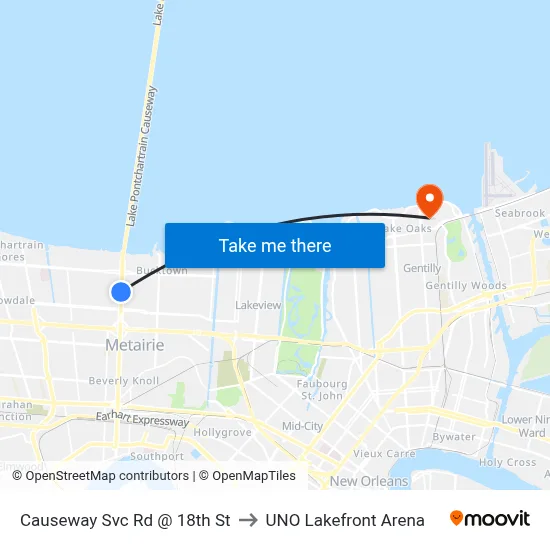 Causeway Svc Rd @ 18th St to UNO Lakefront Arena map
