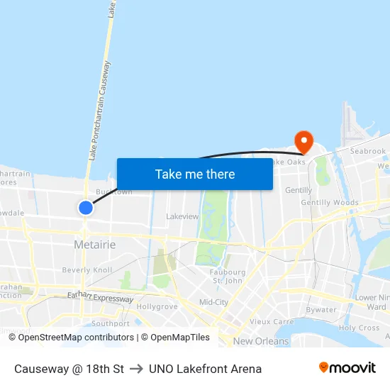 Causeway @ 18th St to UNO Lakefront Arena map