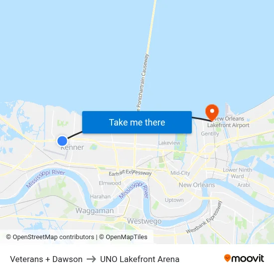 Veterans + Dawson to UNO Lakefront Arena map