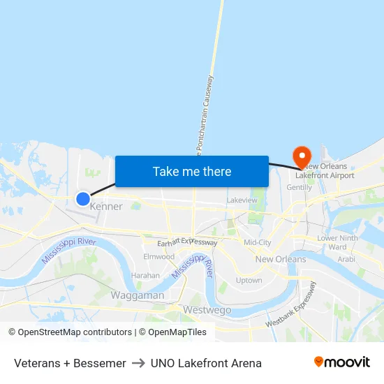 Veterans + Bessemer to UNO Lakefront Arena map