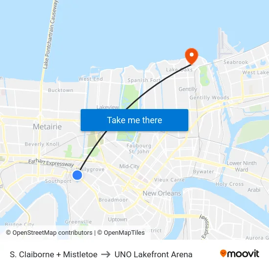 S. Claiborne + Mistletoe to UNO Lakefront Arena map