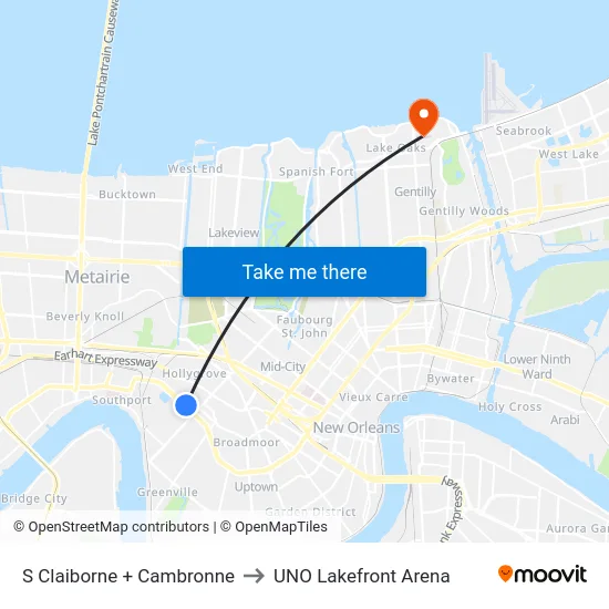 S Claiborne + Cambronne to UNO Lakefront Arena map