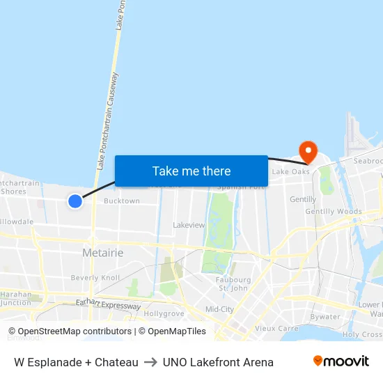 W Esplanade + Chateau to UNO Lakefront Arena map