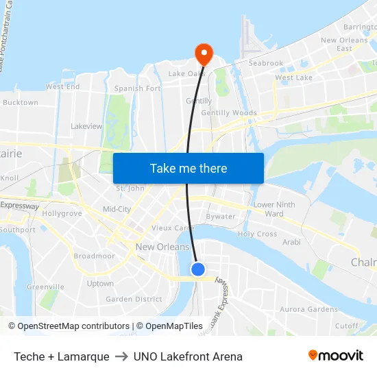 Teche + Lamarque to UNO Lakefront Arena map