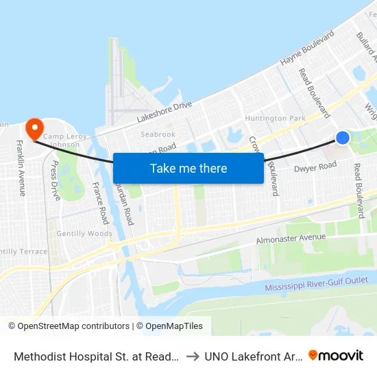 Methodist Hospital St. at Read Blvd. to UNO Lakefront Arena map