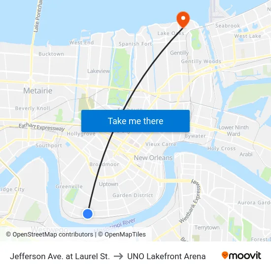 Jefferson Ave. at Laurel St. to UNO Lakefront Arena map