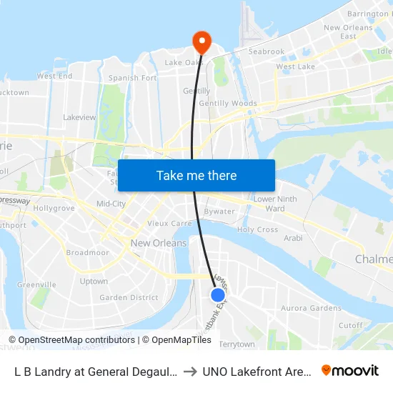 L B Landry at General Degaulle to UNO Lakefront Arena map