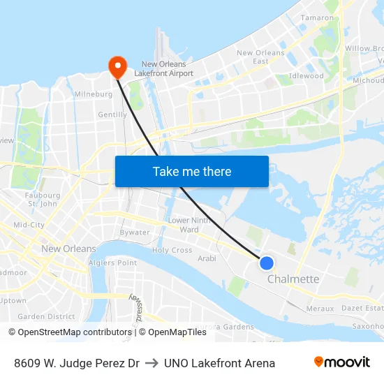 8609 W. Judge Perez Dr to UNO Lakefront Arena map