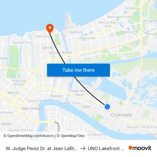 W. Judge Perez Dr. at Jean Lafitte Pkwy. to UNO Lakefront Arena map