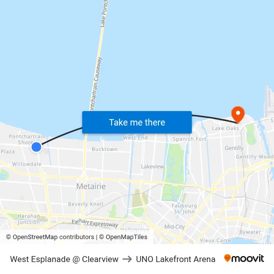 West Esplanade @ Clearview to UNO Lakefront Arena map