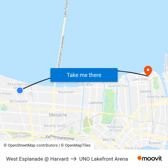 West Esplanade @ Harvard to UNO Lakefront Arena map