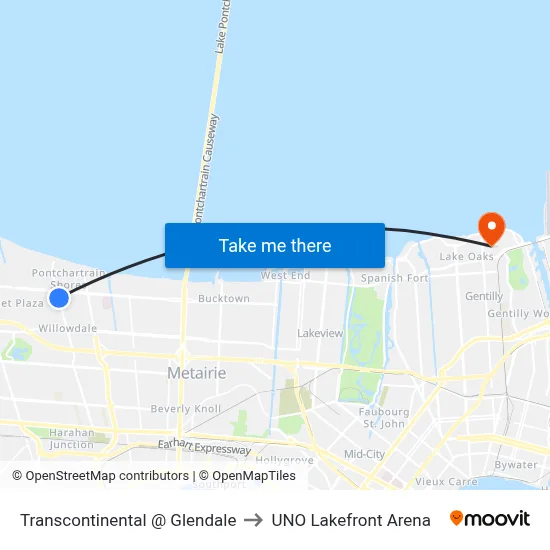 Transcontinental @ Glendale to UNO Lakefront Arena map