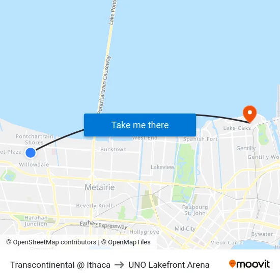 Transcontinental @ Ithaca to UNO Lakefront Arena map