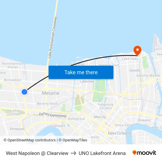 West Napoleon @ Clearview to UNO Lakefront Arena map