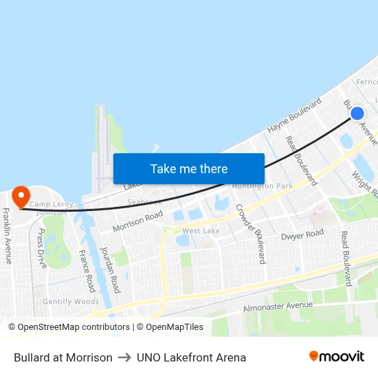 Bullard at Morrison to UNO Lakefront Arena map