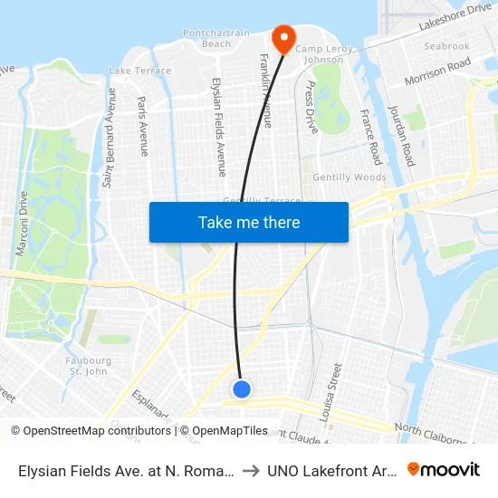 Elysian Fields Ave. at N. Roman St. to UNO Lakefront Arena map