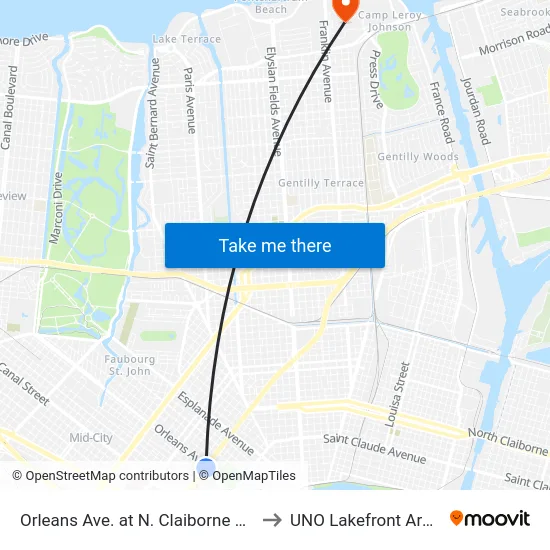 Orleans Ave. at N. Claiborne Ave. to UNO Lakefront Arena map