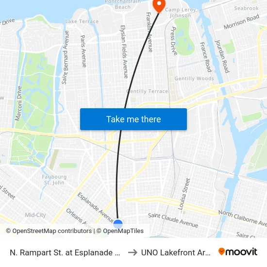 N. Rampart St. at Esplanade Ave. to UNO Lakefront Arena map