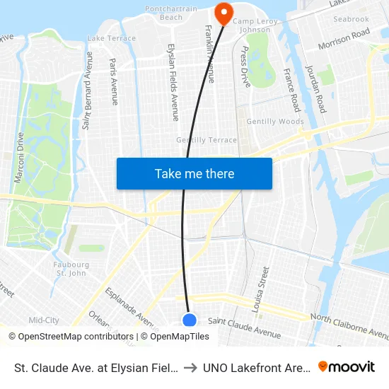 St. Claude Ave. at Elysian Fields to UNO Lakefront Arena map