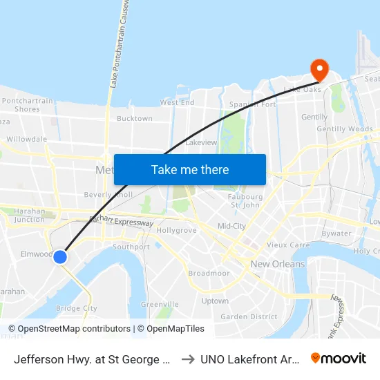 Jefferson Hwy. at St George Ave. to UNO Lakefront Arena map
