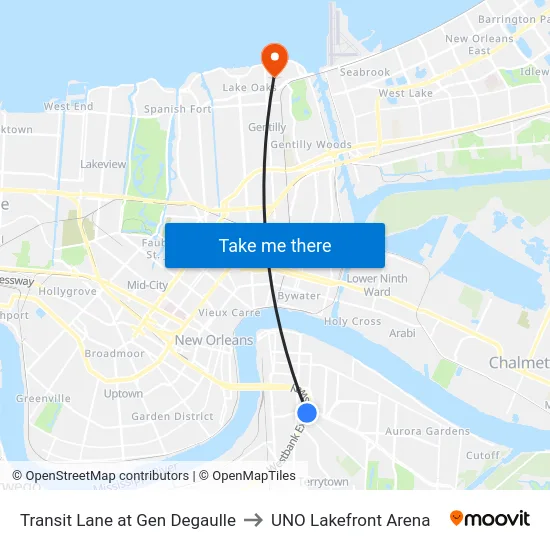 Transit Lane at Gen Degaulle to UNO Lakefront Arena map