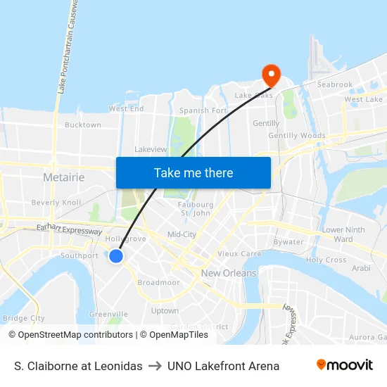 S. Claiborne at Leonidas to UNO Lakefront Arena map