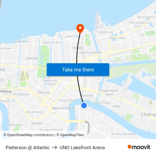 Patterson @ Atlantic to UNO Lakefront Arena map