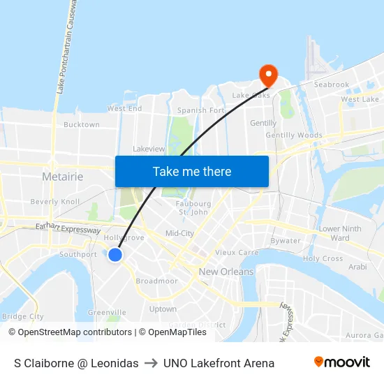 S Claiborne @ Leonidas to UNO Lakefront Arena map