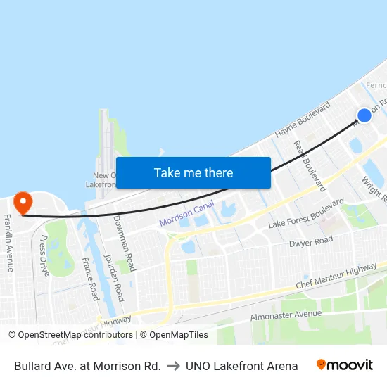 Bullard Ave. at Morrison Rd. to UNO Lakefront Arena map