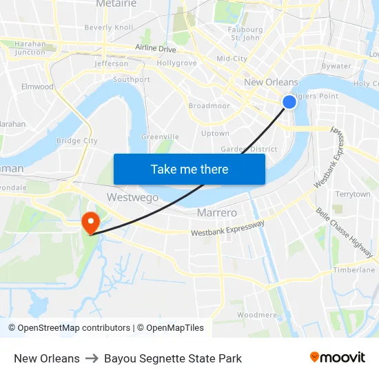 New Orleans to Bayou Segnette State Park map
