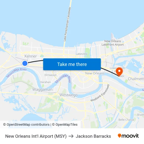 New Orleans Int'l Airport (MSY) to Jackson Barracks map