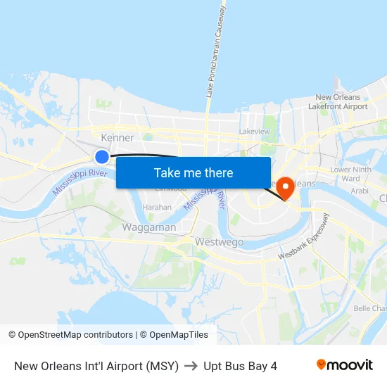 New Orleans Int'l Airport (MSY) to Upt Bus Bay 4 map