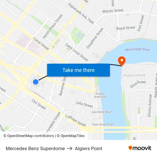 Mercedes Benz Superdome to Algiers Point map