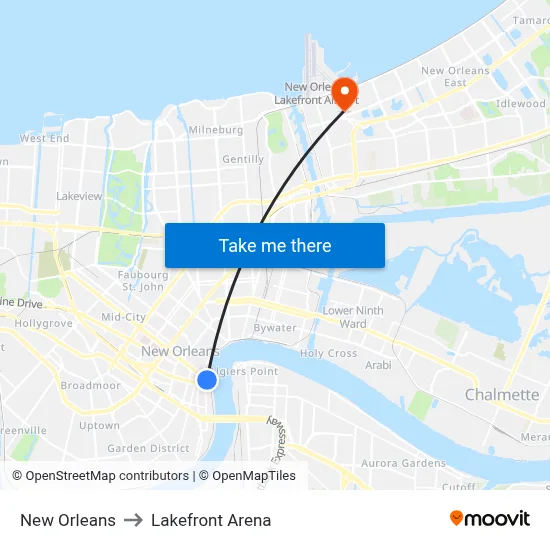 New Orleans to Lakefront Arena map