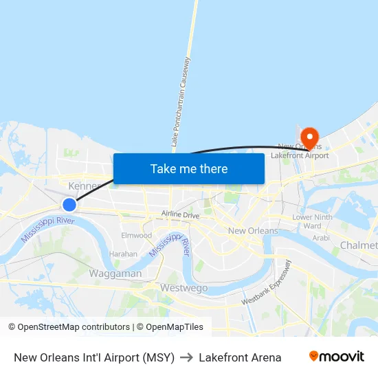 New Orleans Int'l Airport (MSY) to Lakefront Arena map