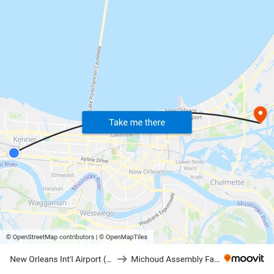 New Orleans Int'l Airport (MSY) to Michoud Assembly Facility map