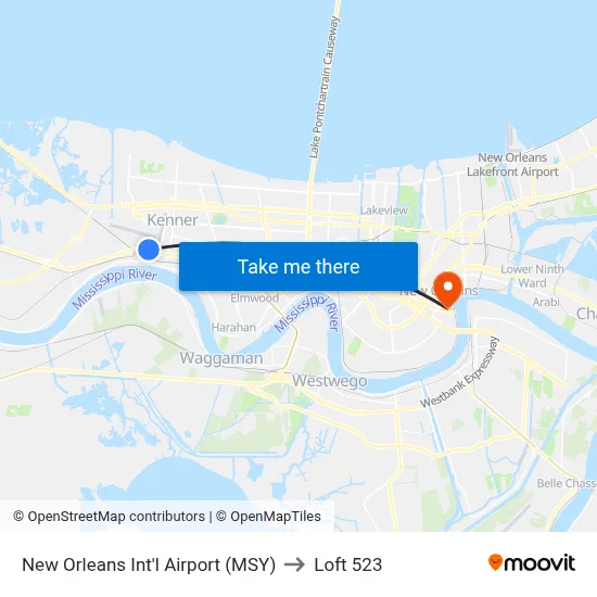 New Orleans Int'l Airport (MSY) to Loft 523 map